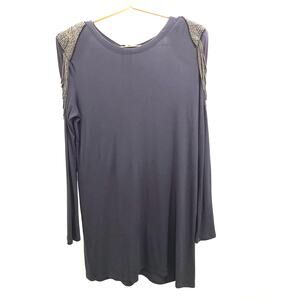 T-Bag Los Angeles Gray Beaded Shoulder Long Sleeve T-Shirt Mini Dress Size M